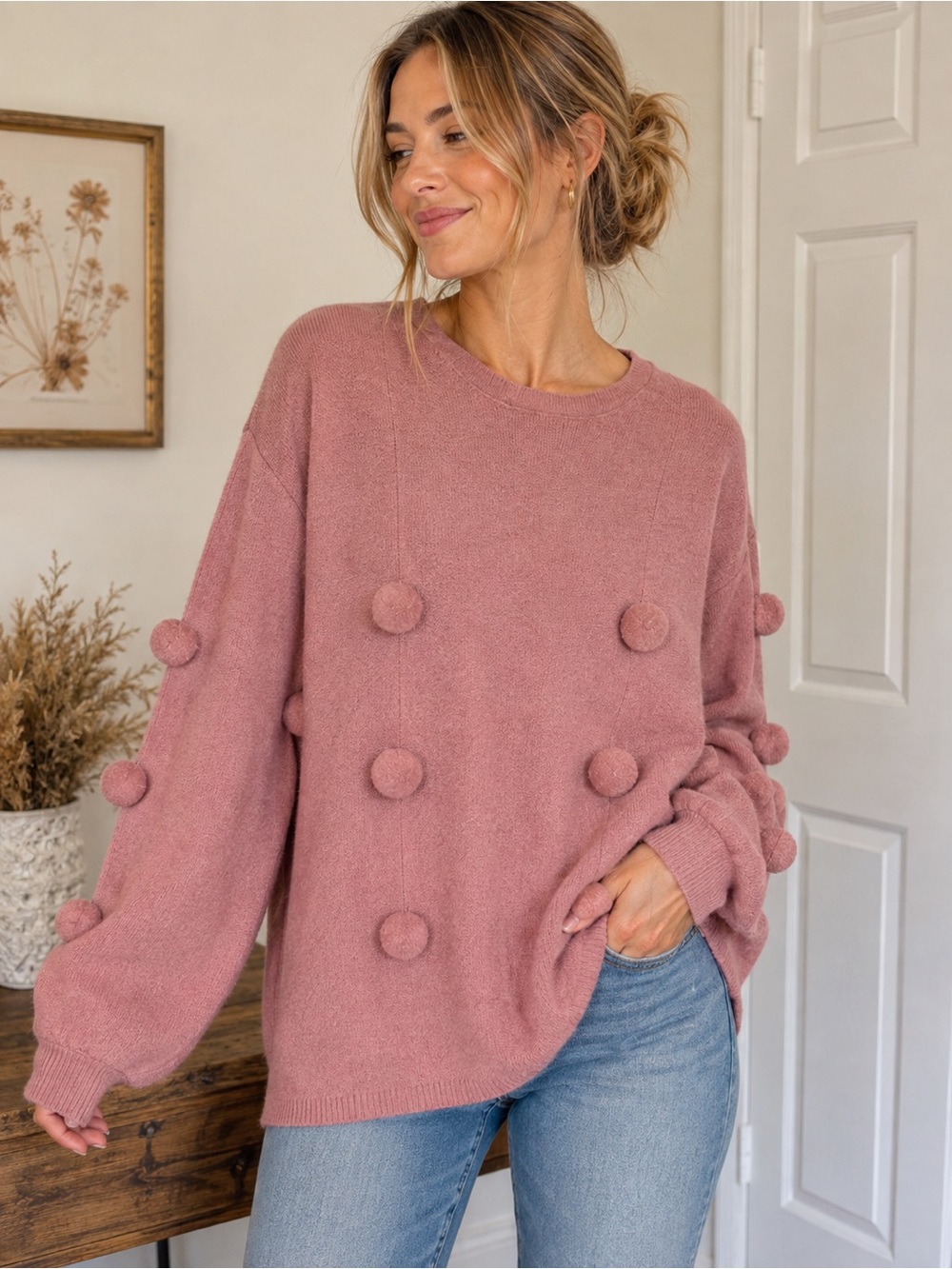 Nancy Yang New York Pink Pom Pom Sweater Women’s XL NWT Oversized Knit Pullover